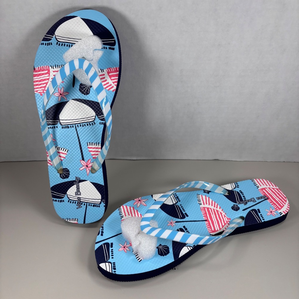 Vera Bradley Women's Flip Flops Blue Beach Umbrella‎ Print Size M NWT